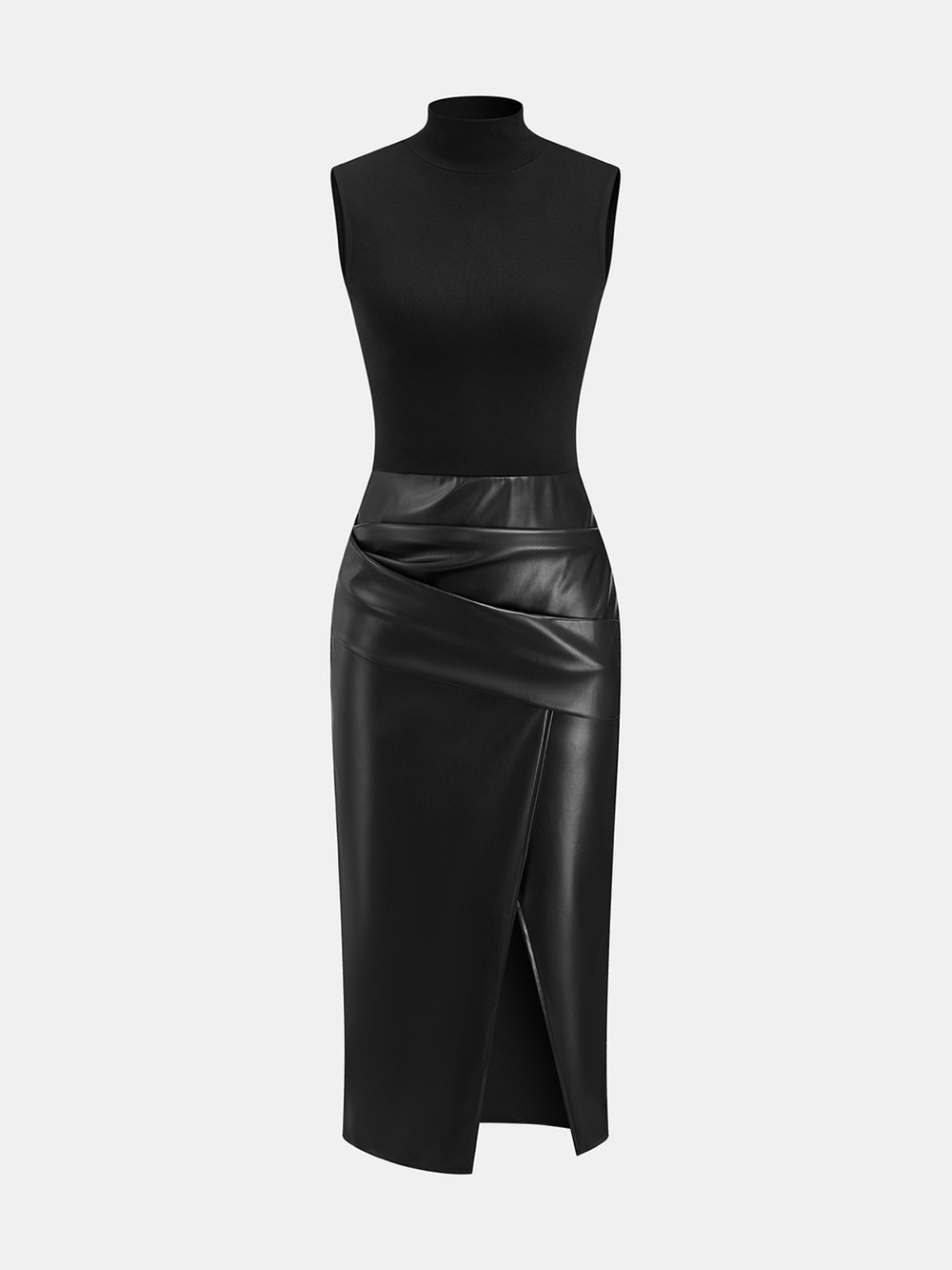 Commence Faux Leather Panel Mock Neck Sleeveless Dress